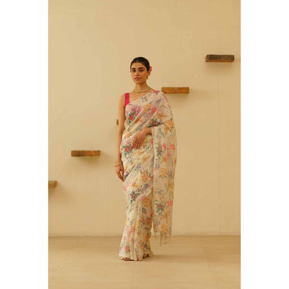 KAVANA Shwet Linen Floral Embroidered Saree with Unstitched Blouse
