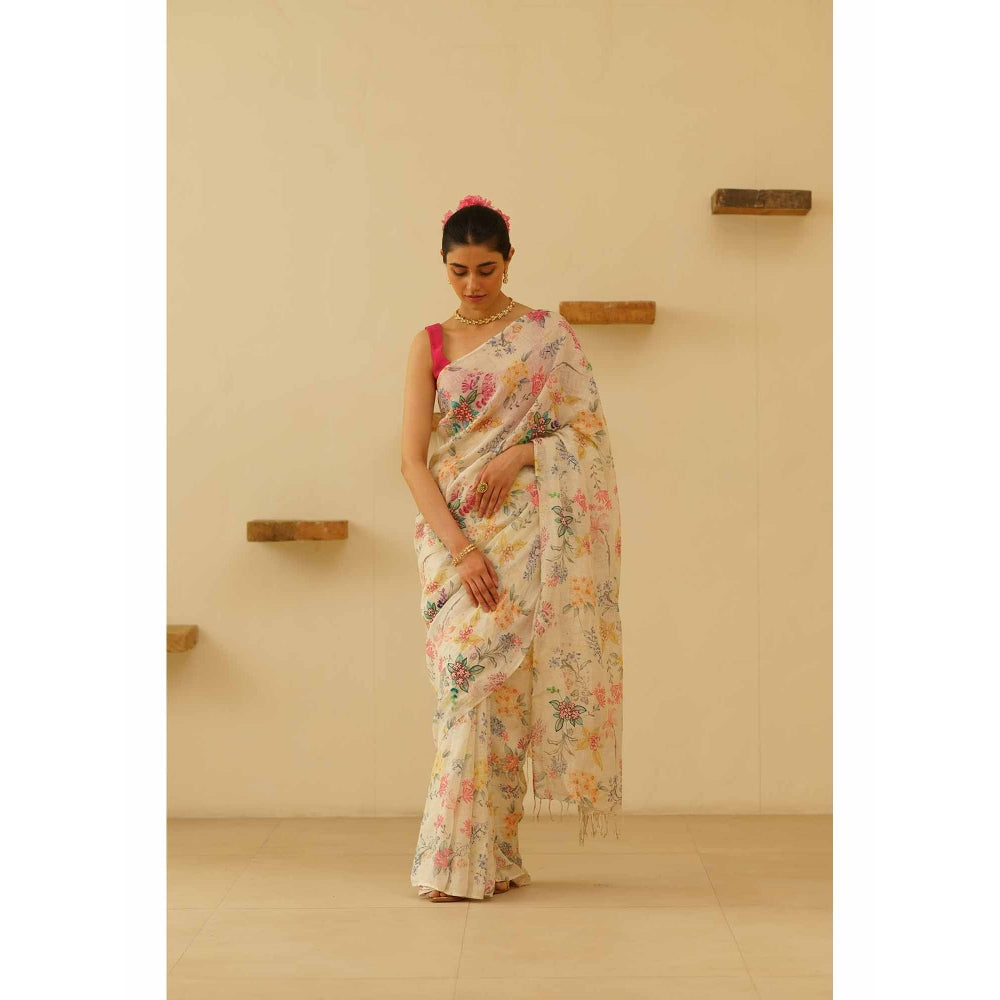 KAVANA Shwet Linen Floral Embroidered Saree with Unstitched Blouse