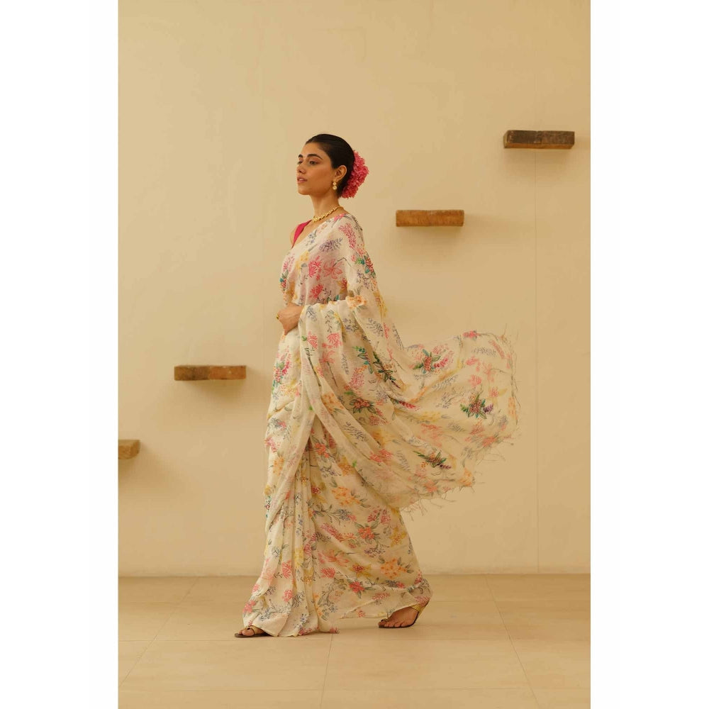 KAVANA Shwet Linen Floral Embroidered Saree with Unstitched Blouse