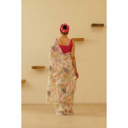 KAVANA Shwet Linen Floral Embroidered Saree with Unstitched Blouse
