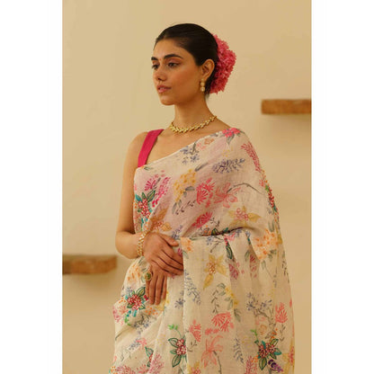 KAVANA Shwet Linen Floral Embroidered Saree with Unstitched Blouse