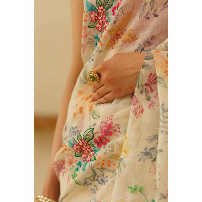 KAVANA Shwet Linen Floral Embroidered Saree with Unstitched Blouse