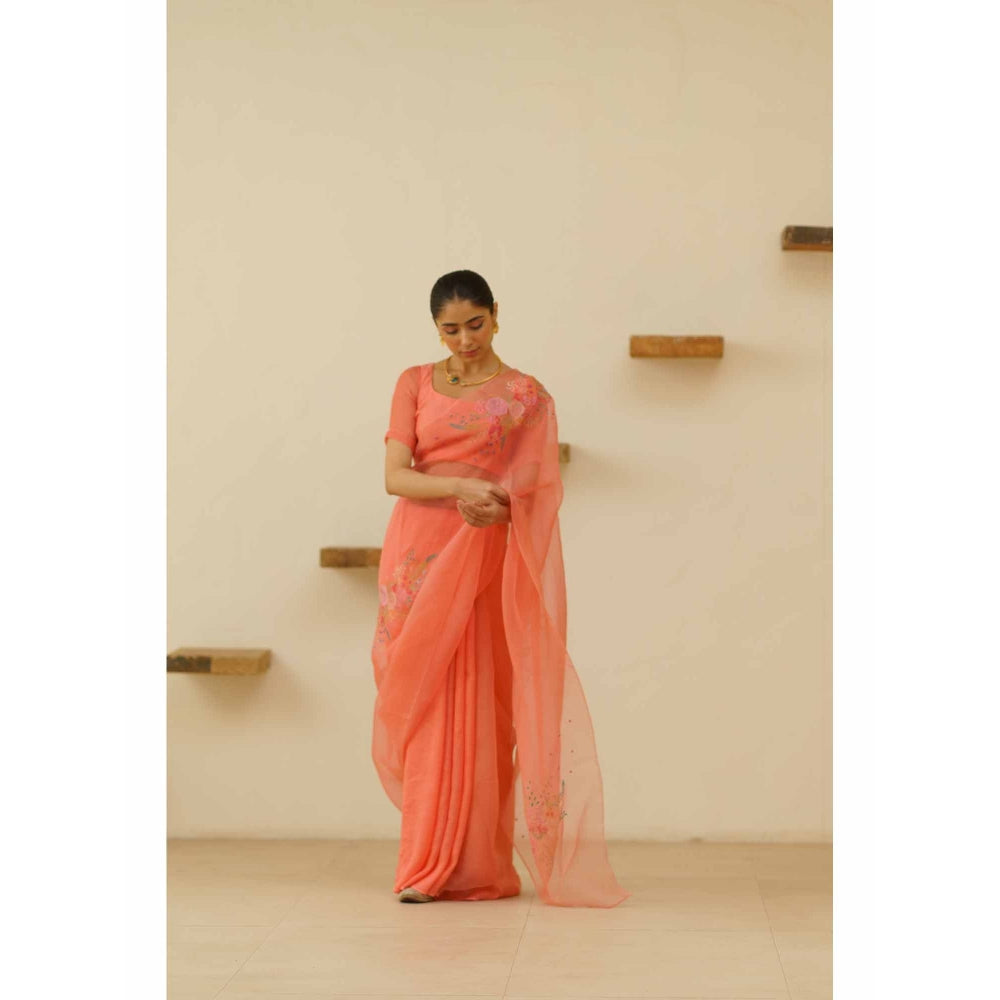 KAVANA Bani Organza Linen Floral Embroidered Saree with Unstitched Blouse