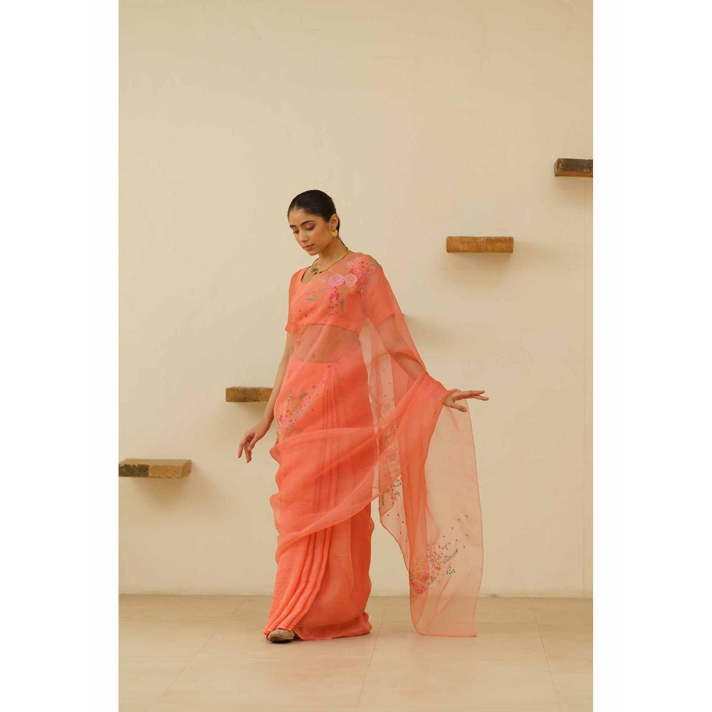 KAVANA Bani Organza Linen Floral Embroidered Saree with Unstitched Blouse