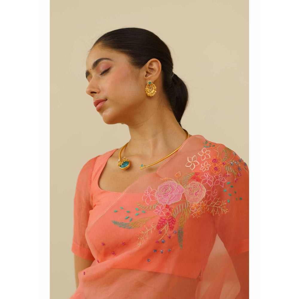 KAVANA Bani Organza Linen Floral Embroidered Saree with Unstitched Blouse