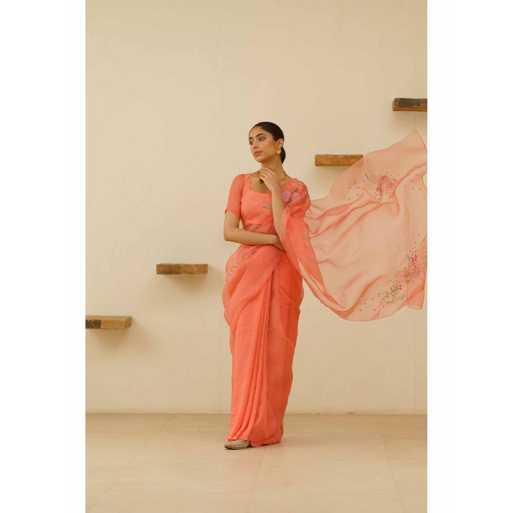 KAVANA Bani Organza Linen Floral Embroidered Saree with Unstitched Blouse