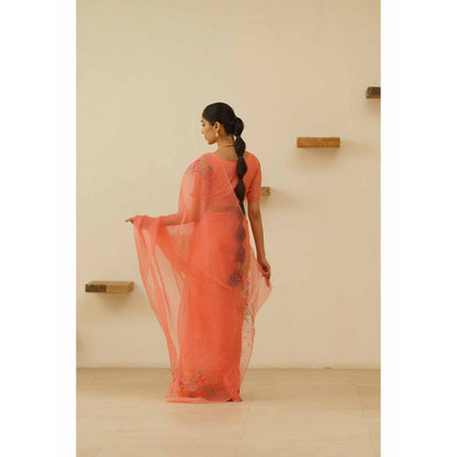 KAVANA Bani Organza Linen Floral Embroidered Saree with Unstitched Blouse