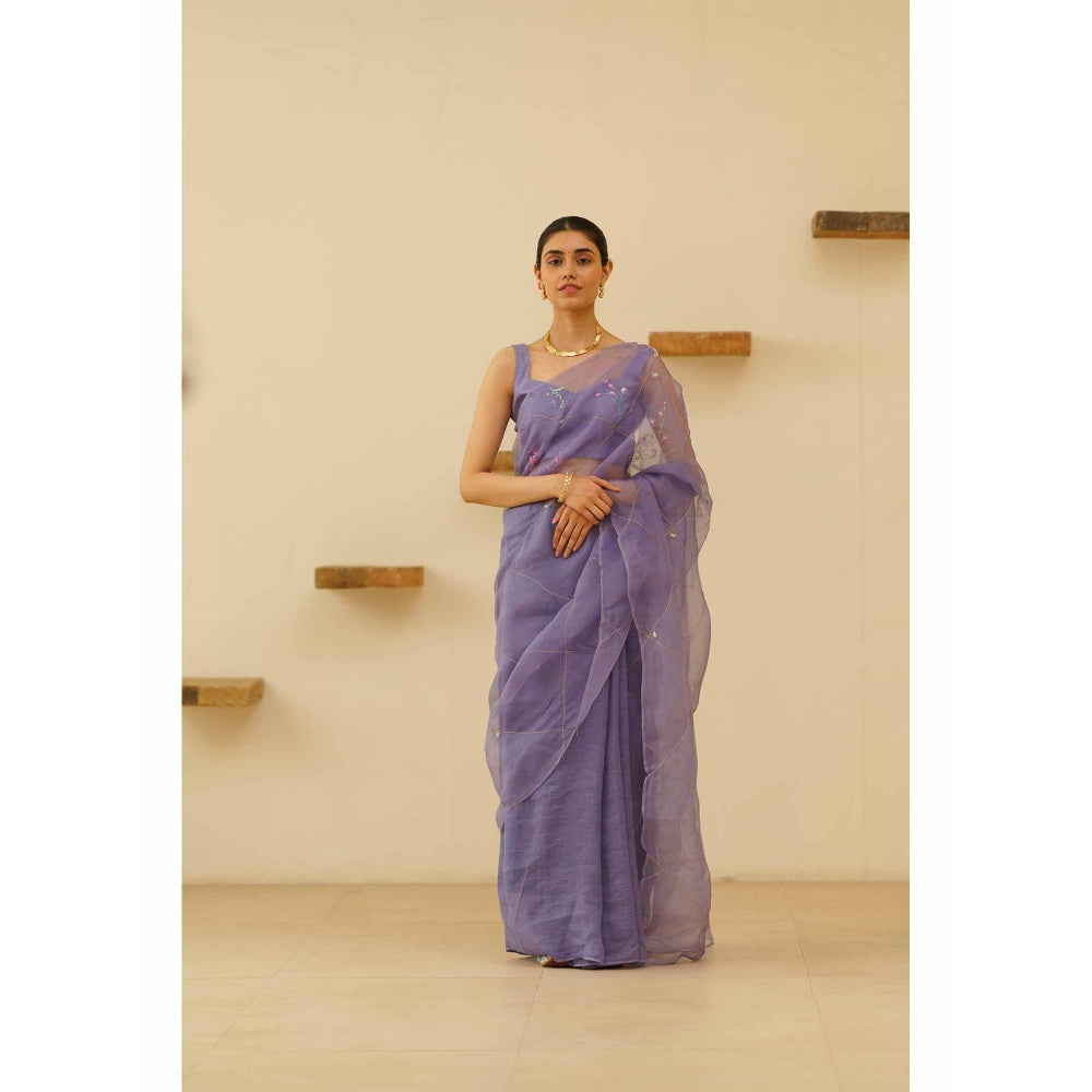 KAVANA Naher Organza Linen Floral Embroidered Saree with Unstitched Blouse