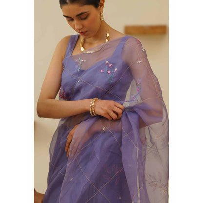 KAVANA Naher Organza Linen Floral Embroidered Saree with Unstitched Blouse