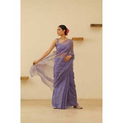 KAVANA Naher Organza Linen Floral Embroidered Saree with Unstitched Blouse