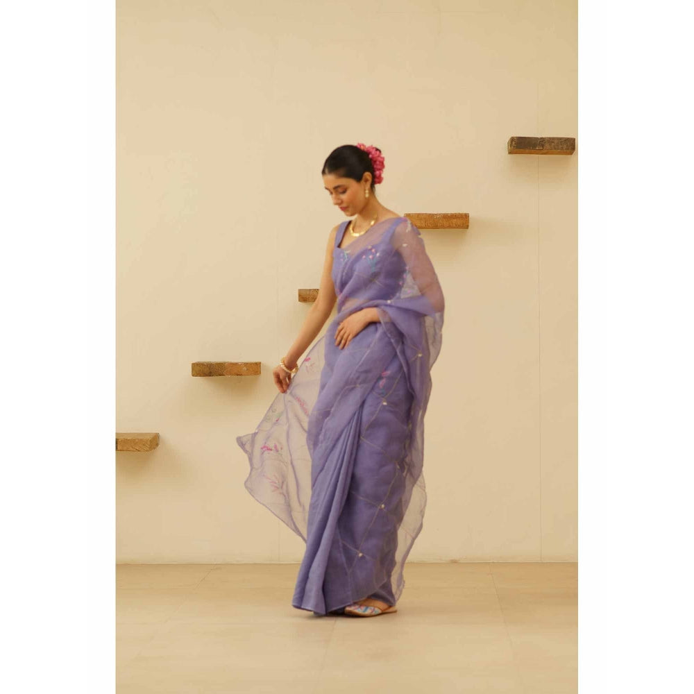 KAVANA Naher Organza Linen Floral Embroidered Saree with Unstitched Blouse