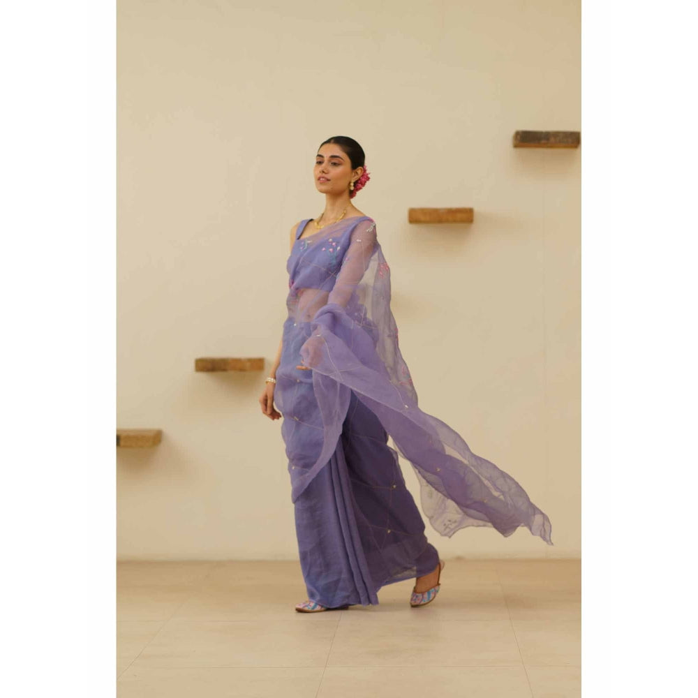 KAVANA Naher Organza Linen Floral Embroidered Saree with Unstitched Blouse