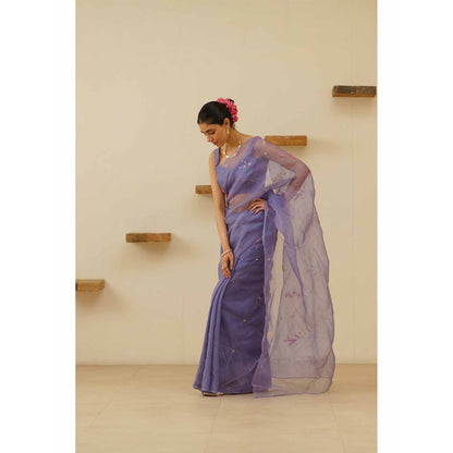 KAVANA Naher Organza Linen Floral Embroidered Saree with Unstitched Blouse