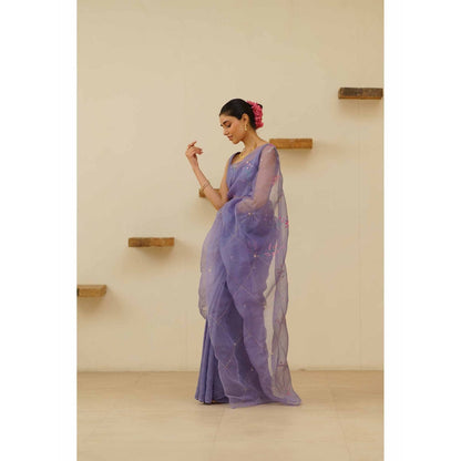 KAVANA Naher Organza Linen Floral Embroidered Saree with Unstitched Blouse