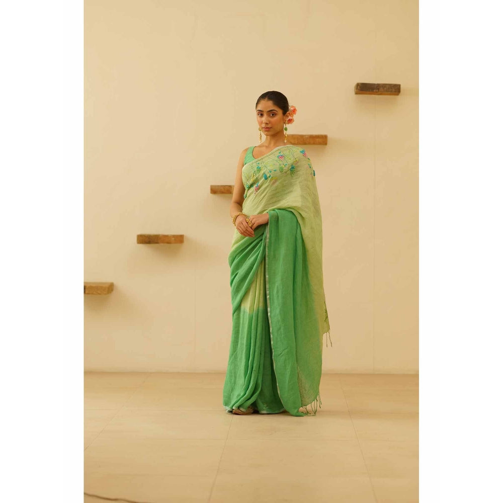 KAVANA Dharini Linen Floral Embroidered Saree with Unstitched Blouse