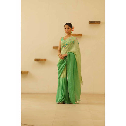 KAVANA Dharini Linen Floral Embroidered Saree with Unstitched Blouse