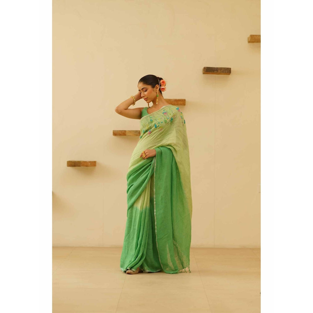 KAVANA Dharini Linen Floral Embroidered Saree with Unstitched Blouse