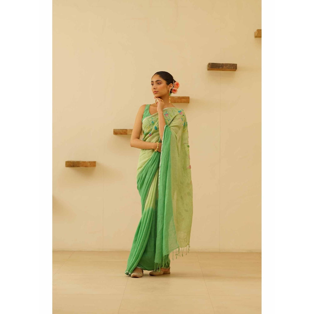 KAVANA Dharini Linen Floral Embroidered Saree with Unstitched Blouse