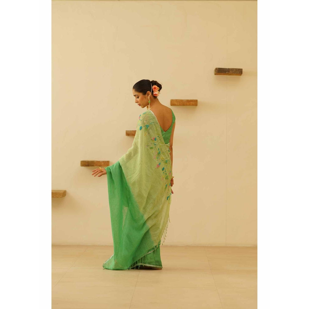 KAVANA Dharini Linen Floral Embroidered Saree with Unstitched Blouse