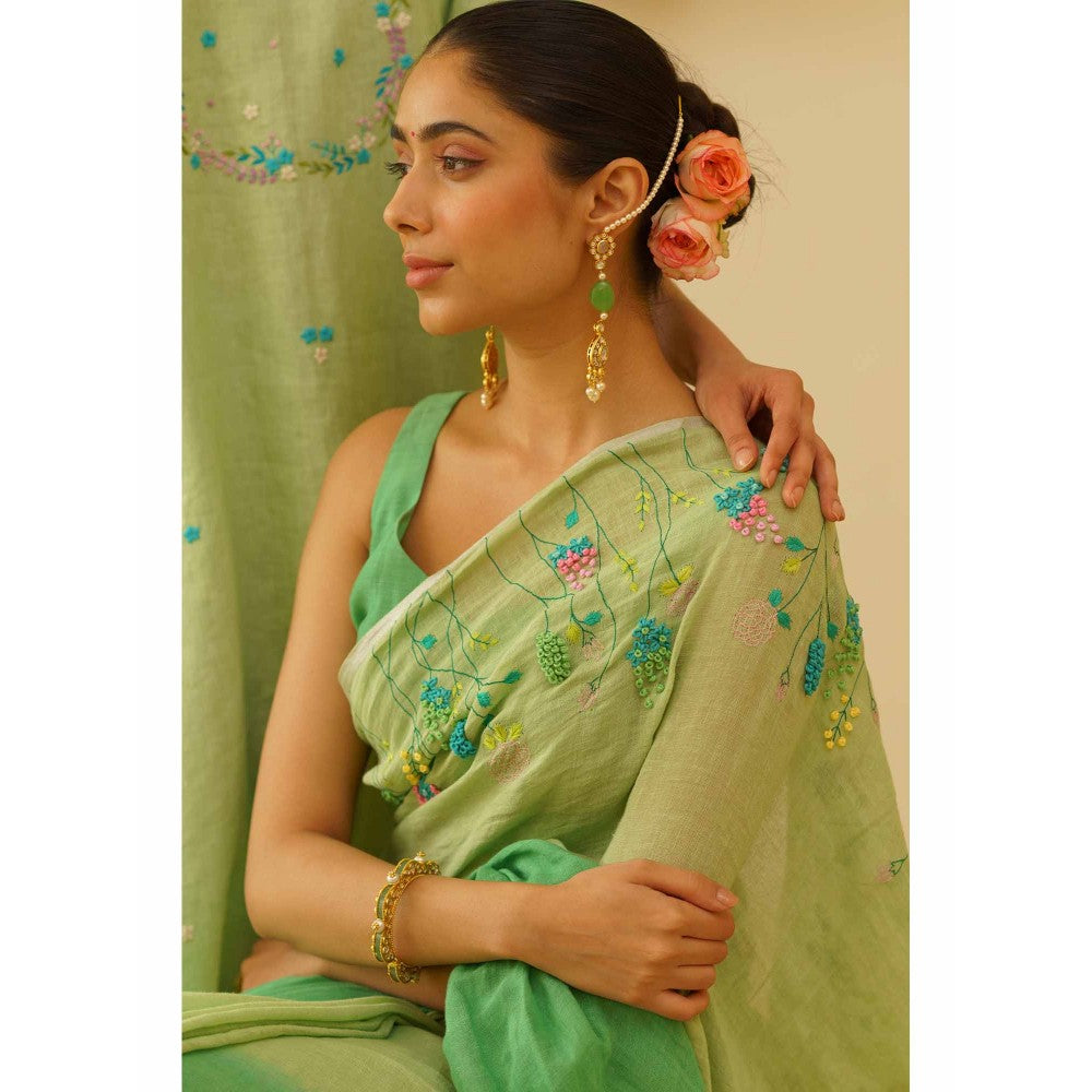 KAVANA Dharini Linen Floral Embroidered Saree with Unstitched Blouse