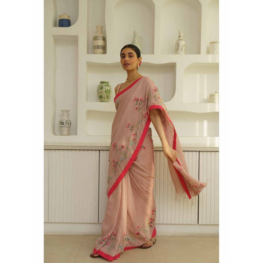 KAVANA Aruna Linen Floral Embroidered Saree with Unstitched Blouse