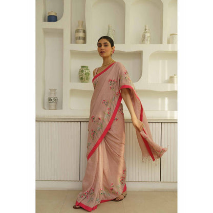 KAVANA Aruna Linen Floral Embroidered Saree with Unstitched Blouse