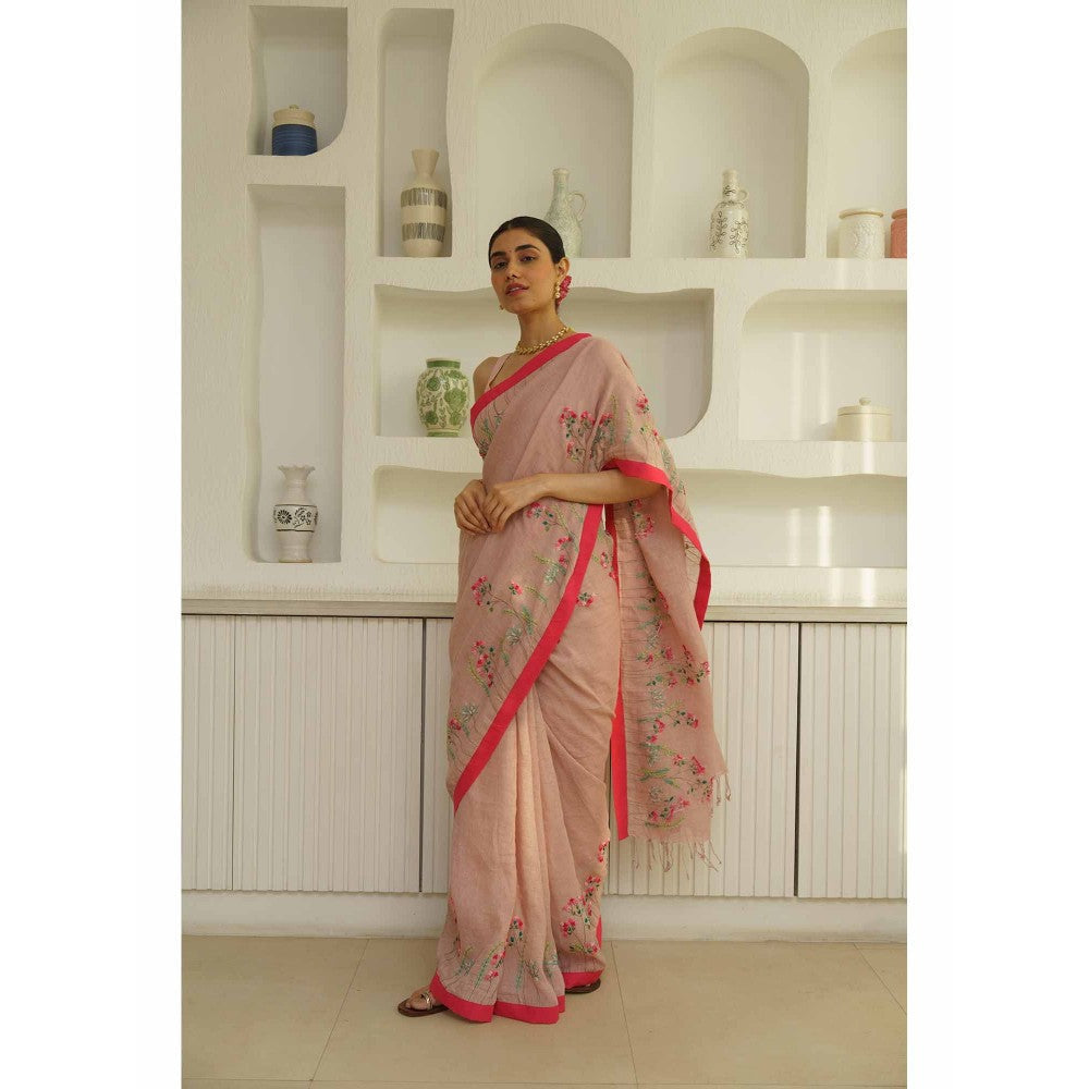 KAVANA Aruna Linen Floral Embroidered Saree with Unstitched Blouse