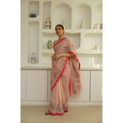 KAVANA Aruna Linen Floral Embroidered Saree with Unstitched Blouse