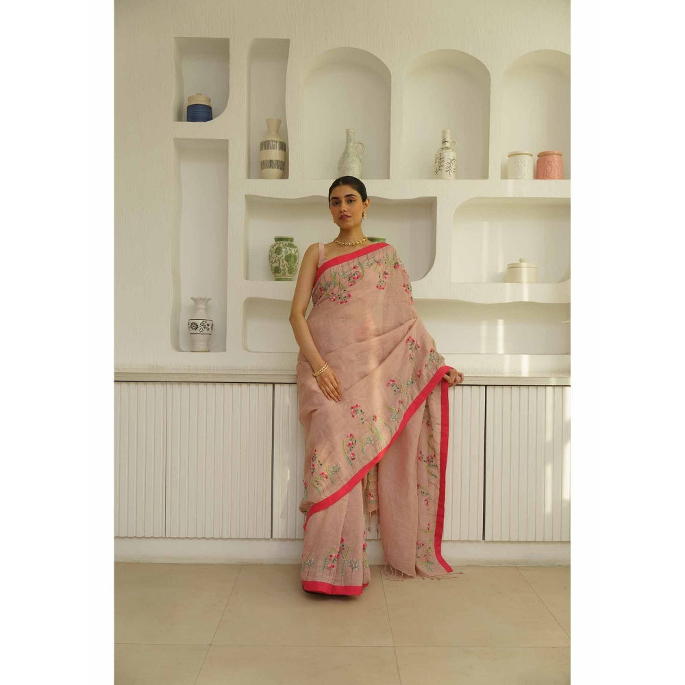 KAVANA Aruna Linen Floral Embroidered Saree with Unstitched Blouse