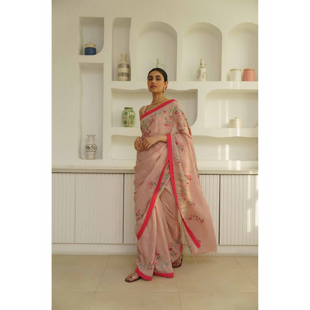 KAVANA Aruna Linen Floral Embroidered Saree with Unstitched Blouse