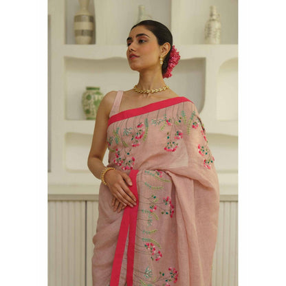 KAVANA Aruna Linen Floral Embroidered Saree with Unstitched Blouse