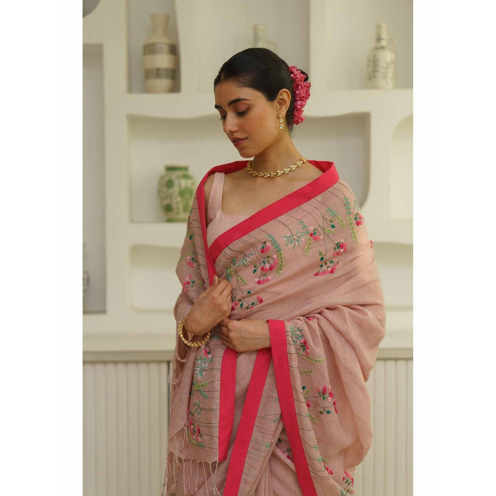 KAVANA Aruna Linen Floral Embroidered Saree with Unstitched Blouse