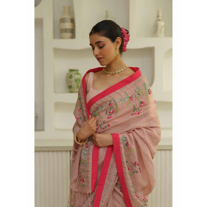 KAVANA Aruna Linen Floral Embroidered Saree with Unstitched Blouse