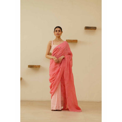 KAVANA Padmini Linen Floral Embroidered Saree with Unstitched Blouse