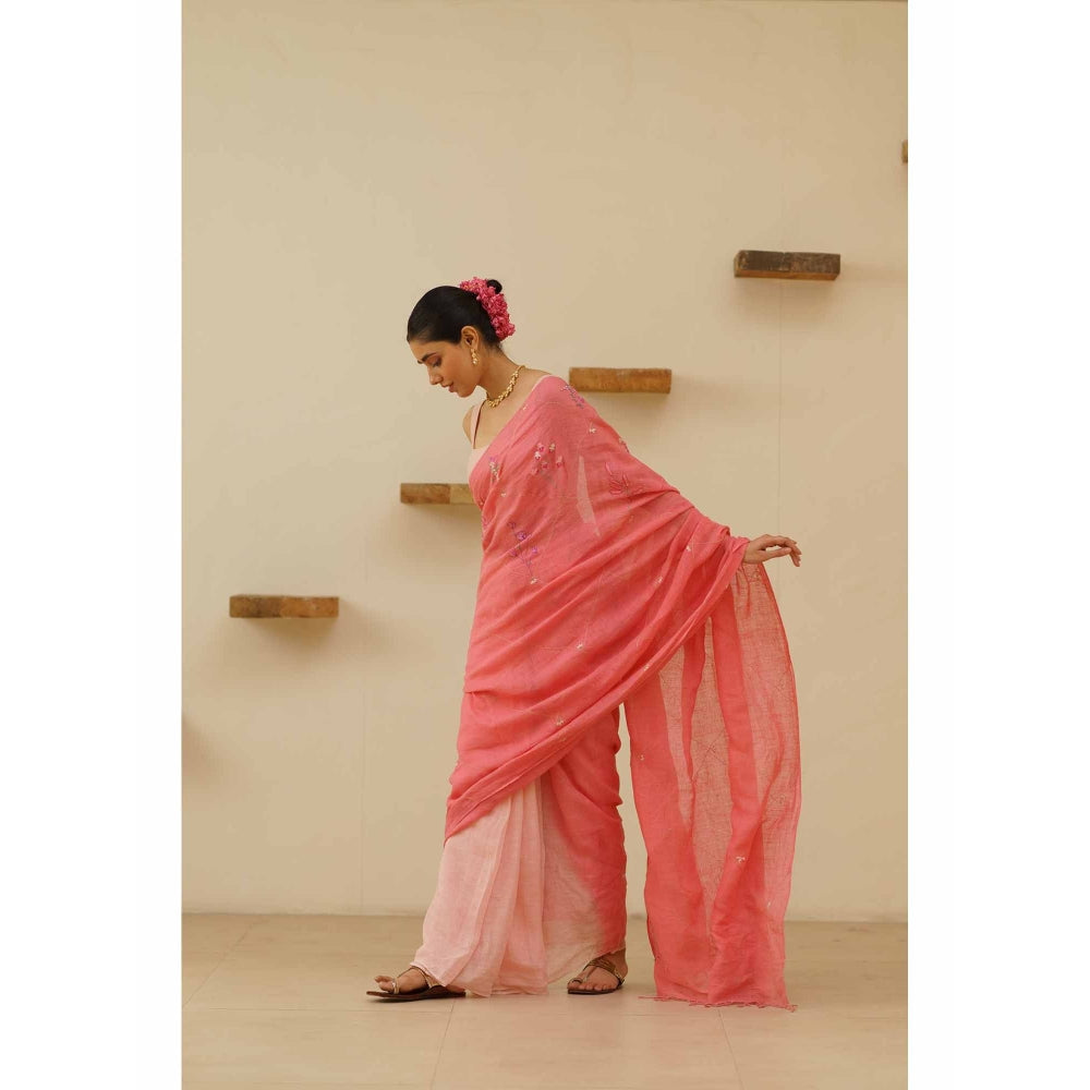 KAVANA Padmini Linen Floral Embroidered Saree with Unstitched Blouse