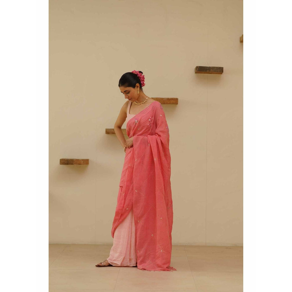 KAVANA Padmini Linen Floral Embroidered Saree with Unstitched Blouse