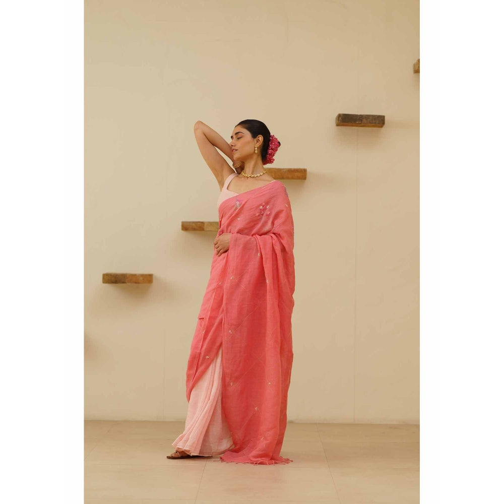 KAVANA Padmini Linen Floral Embroidered Saree with Unstitched Blouse