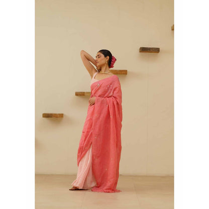 KAVANA Padmini Linen Floral Embroidered Saree with Unstitched Blouse