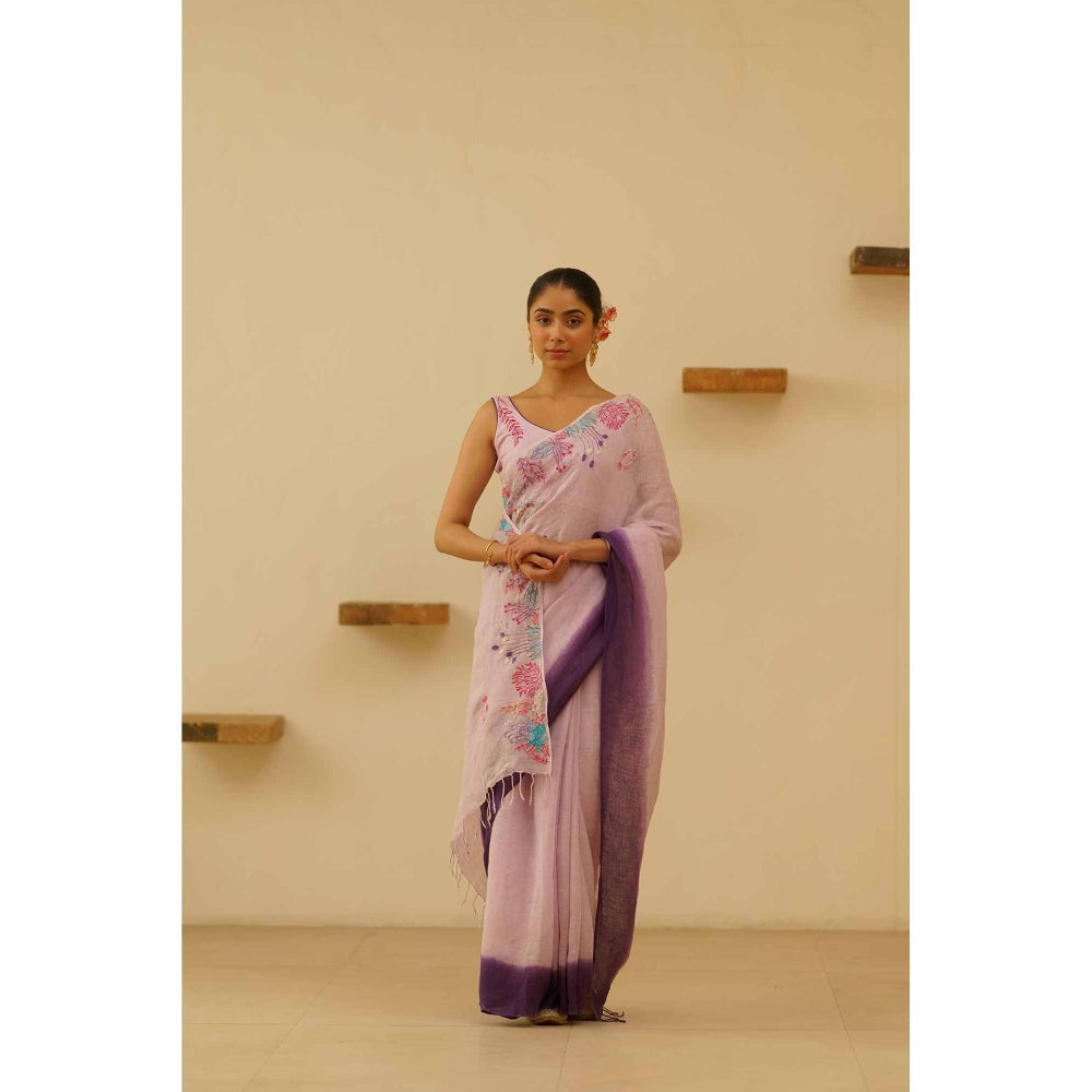 KAVANA Yani Linen Floral Embroidered Saree with Unstitched Blouse