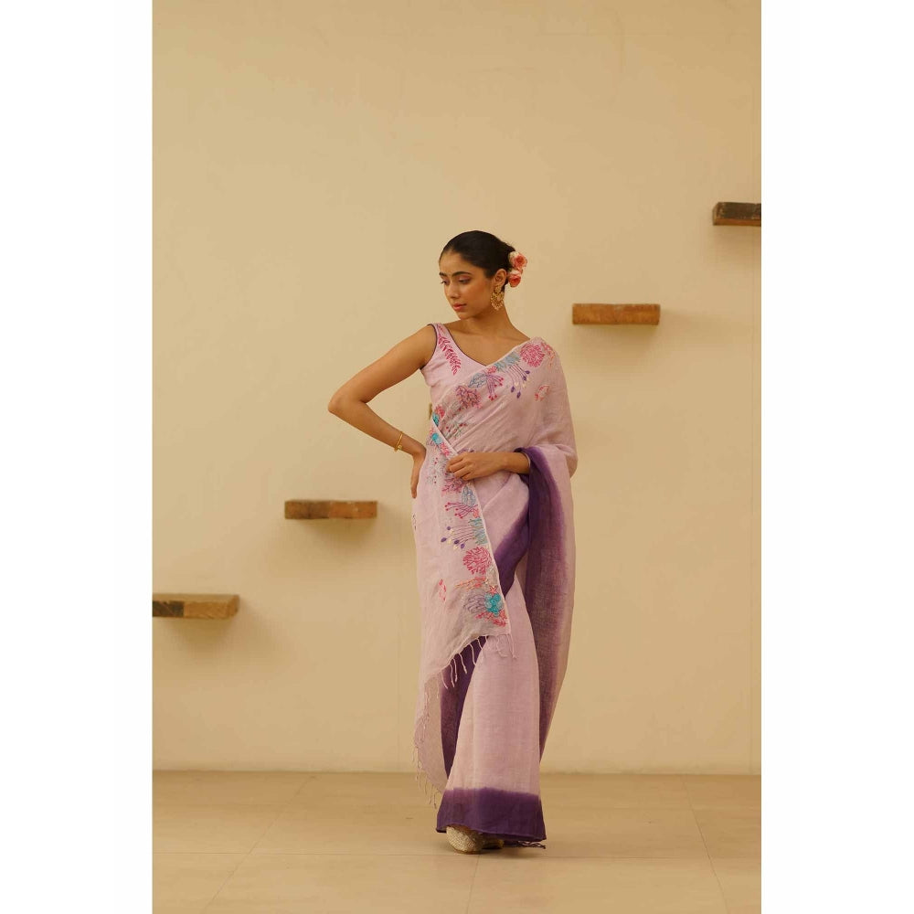 KAVANA Yani Linen Floral Embroidered Saree with Unstitched Blouse