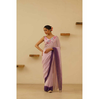 KAVANA Yani Linen Floral Embroidered Saree with Unstitched Blouse