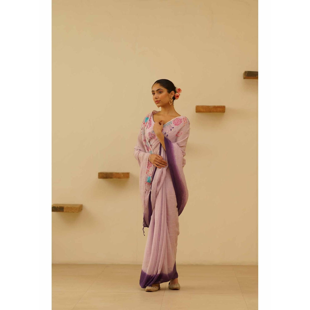 KAVANA Yani Linen Floral Embroidered Saree with Unstitched Blouse