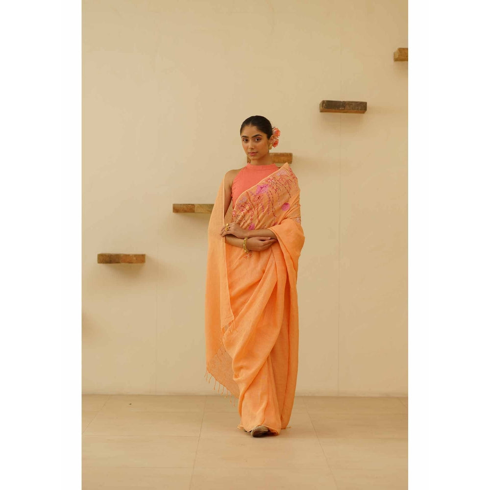 KAVANA Preet Linen Floral Embroidered Saree with Unstitched Blouse