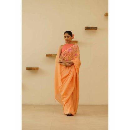 KAVANA Preet Linen Floral Embroidered Saree with Unstitched Blouse