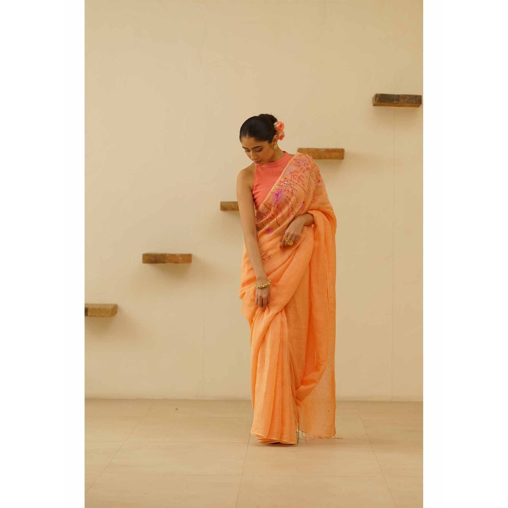 KAVANA Preet Linen Floral Embroidered Saree with Unstitched Blouse