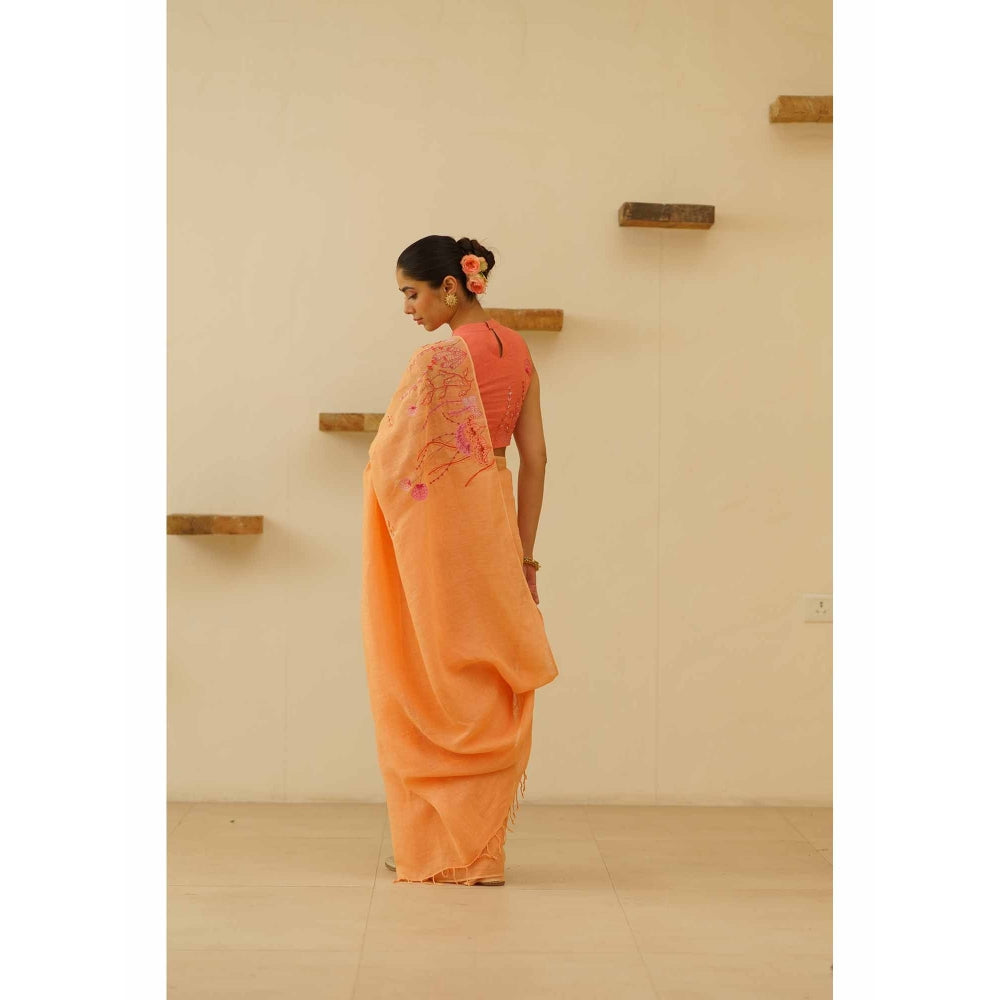KAVANA Preet Linen Floral Embroidered Saree with Unstitched Blouse