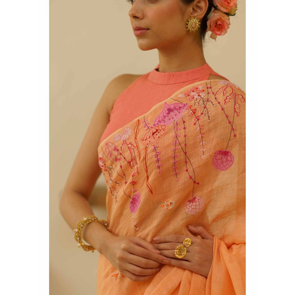 KAVANA Preet Linen Floral Embroidered Saree with Unstitched Blouse