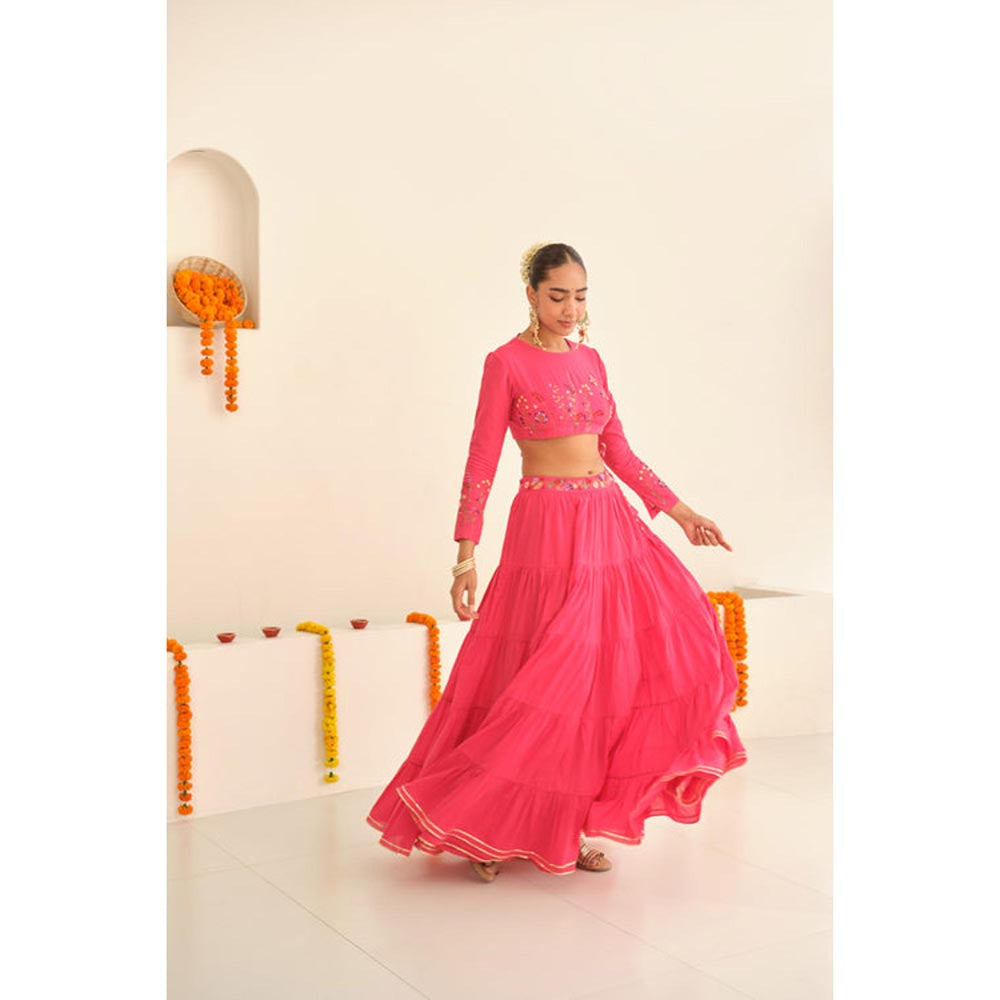 KAVANA Women Pink Gulbano Cotton Lehenga with Stitched Blouse and Dupatta