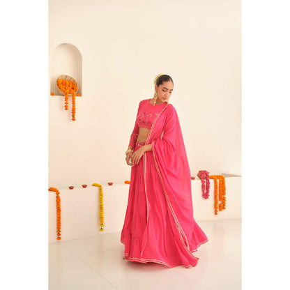 KAVANA Women Pink Gulbano Cotton Lehenga with Stitched Blouse and Dupatta