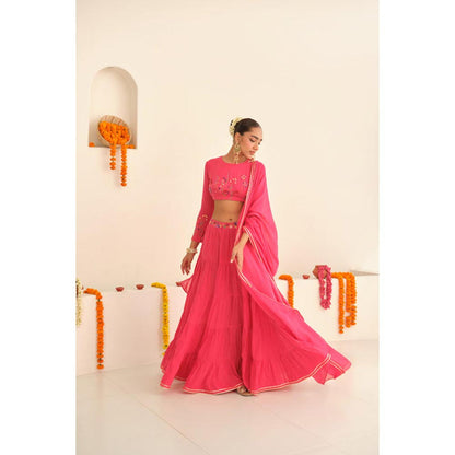 KAVANA Women Pink Gulbano Cotton Lehenga with Stitched Blouse and Dupatta